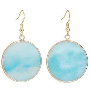 18K Yellow Gold with Natural Blue Amazonite Stone French Wire Drop Hook Earrings
